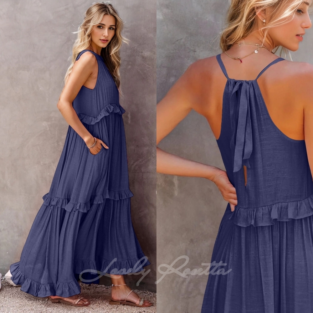 Green Ruffled Sleeveless Tiered Maxi Dress with Pockets - Picture 7 of 13